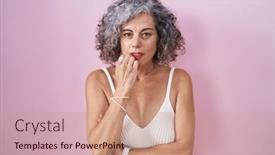  Presentation with pink nails - Presentation design with middle-age-woman-with-grey background and a coral colored foreground