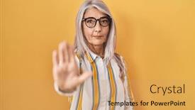  Presentation with sing - PPT theme featuring middle-age-woman-with-grey background and a coral colored foreground