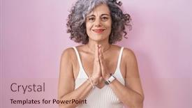  Presentation with forgiveness - PPT theme having middle-age-woman-with-grey background and a coral colored foreground