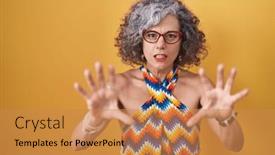  Presentation with panic - PPT theme with middle-age-woman-with-grey background and a gold colored foreground