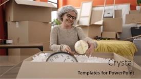  Presentation with new home - PPT theme featuring middle-age-woman-with-grey background and a coral colored foreground