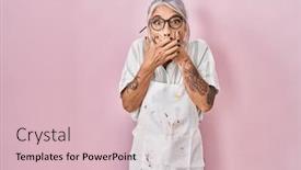  Presentation with artist - Presentation design consisting of middle-age-woman-with-grey background and a lemonade colored foreground