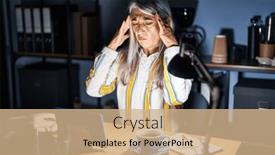  Presentation with migraine - PPT theme having middle-age-woman-with-grey background and a coral colored foreground