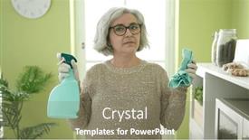  Presentation with sprayer - PPT layouts featuring middle-age-woman-with-grey background and a gray colored foreground