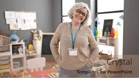  Presentation with preschool - PPT theme featuring middle-age-woman-with-grey background and a coral colored foreground