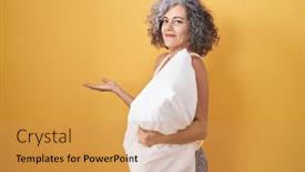  Presentation with woman hands open - Presentation design having middle-age-woman-with-grey background and a yellow colored foreground