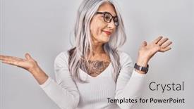  Presentation with comparison - Presentation theme with middle-age-woman-with-grey background and a light gray colored foreground