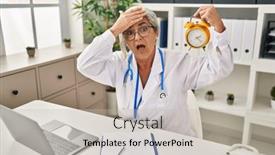  Presentation with clock face - PPT theme enhanced with middle-age-woman-with-grey background and a light gray colored foreground