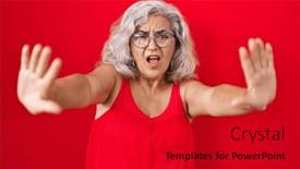  Presentation with frustration - Slide set consisting of middle-age-woman-with-grey background and a crimson colored foreground