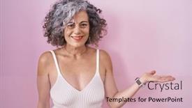  Presentation with hand palm - PPT layouts enhanced with middle-age-woman-with-grey background and a soft green colored foreground