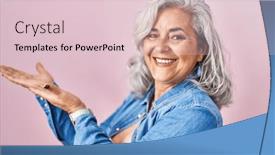  Presentation with woman hands open - Slide deck with middle-age-woman-with-grey background and a lemonade colored foreground