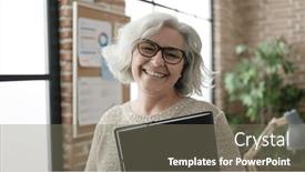  Presentation with binder - Slide deck having middle-age-woman-with-grey background and a gray colored foreground