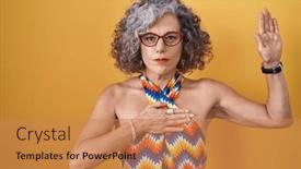  Presentation with hand palm - Slide set enhanced with middle-age-woman-with-grey background and a coral colored foreground