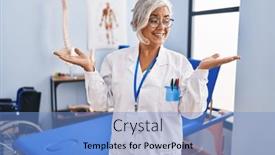  Presentation with woman hands open - PPT theme enhanced with middle-age-woman-with-grey background and a light blue colored foreground