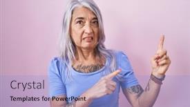  Presentation with pink - Slide set having middle-age-woman-with-tattoos background and a  colored foreground