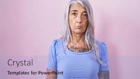  Presentation with woman crying - Presentation theme enhanced with middle-age-woman-with-tattoos background and a light blue colored foreground