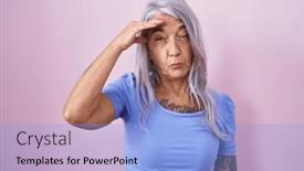  Presentation with crisis - PPT theme consisting of middle-age-woman-with-tattoos background and a light blue colored foreground