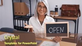  Presentation with office - Presentation theme featuring middle-age-woman-with-tattoos background and a  colored foreground