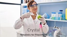  Presentation with food laboratory - Slides having middle-age-woman-working background and a light gray colored foreground