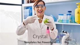  Presentation with laboratory food - Presentation design consisting of middle-age-woman-working background and a light gray colored foreground
