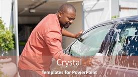  Presentation with car cleaning - Colorful slide set enhanced with middle aged black man cleaning his car outside the garage in the driveway mature african man cleaning automobile with sponge at car wash casual guy washing car with sponge and foam backdrop and a coral colored foreground