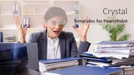  Presentation with unhappy - Audience pleasing presentation theme consisting of middle aged businesslady unhappy with excessive work backdrop and a lemonade colored foreground