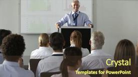  Presentation with conference - Cool new slide deck with middle aged businessman delivering presentation backdrop and a tawny brown colored foreground