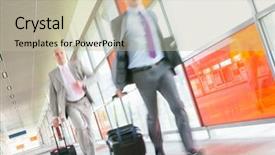  Presentation with railroad - PPT theme with middle aged businessmen with luggage rushing on railroad platform background and a mint green colored foreground