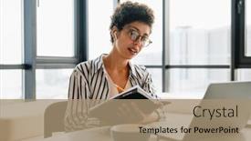  Presentation with note-book - PPT theme consisting of middle-aged-businesswoman-holding-note background and a coral colored foreground