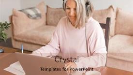  Presentation with online meeting - PPT layouts having middle-aged-businesswoman-using-earphone background and a coral colored foreground