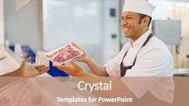  Presentation with butcher - Presentation enhanced with middle aged butcher serving customer background and a coral colored foreground