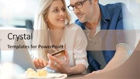  Presentation with internet - Presentation theme consisting of middle-aged couple at home background and a coral colored foreground