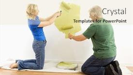  Presentation with paint white brick wall - Presentation enhanced with middle-aged couple beginning to paint wall green over drop cloth background and a soft green colored foreground