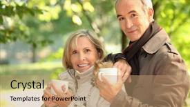  Presentation with aged - Presentation theme featuring middle-aged couple drinking coffee background and a  colored foreground