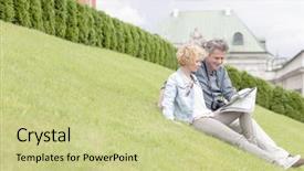  Presentation with aged map - Slide deck with middle-aged couple reading map while sitting at park background and a soft green colored foreground