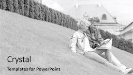  Presentation with aged map - PPT layouts with middle-aged couple reading map while sitting at park background and a light gray colored foreground