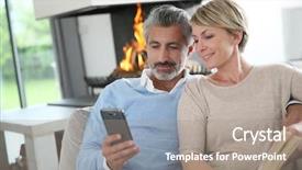  Presentation with smartphone - PPT theme enhanced with middle-aged couple using smartphone background and a gray colored foreground