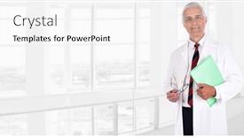  Presentation with medical hand - Audience pleasing PPT layouts consisting of middle-aged-doctor-in-standing backdrop and a white colored foreground