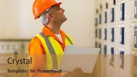  Presentation with electric meter - Audience pleasing presentation consisting of middle aged electrical engineer backdrop and a gold colored foreground