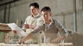  Presentation with assembling wooden furniture furniture - PPT theme having middle-aged-father-in-apron background and a coral colored foreground