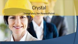 Presentation with female leader - Slide deck with middle aged female construction business leader and team background and a yellow colored foreground
