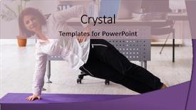  Presentation with exercises - PPT theme featuring middle-aged female employee doing background and a  colored foreground