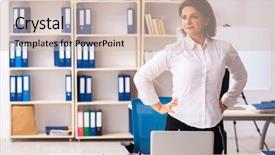  Presentation with exercise kids kid doing fitness - Cool new slide deck with middle-aged female employee doing backdrop and a soft green colored foreground