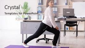  Presentation with exercises - PPT theme featuring middle-aged female employee doing background and a soft green colored foreground