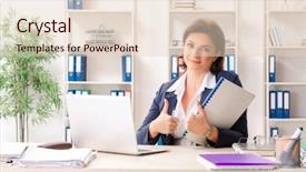  Presentation with aged - Cool new presentation theme with middle-aged female employee sitting backdrop and a  colored foreground