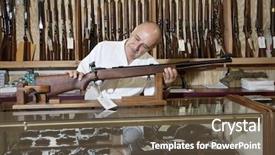  Presentation with gun - PPT theme having middle-aged gun shop owner background and a tawny brown colored foreground