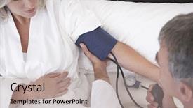  Presentation with blood pressure - Slides having middle aged gynecologist taking blood background and a mint green colored foreground