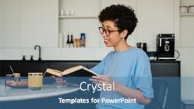  Presentation with reading table - Presentation design consisting of middle-aged-happy-woman-reading background and a teal colored foreground