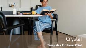  Presentation with reading table - Slide set with middle-aged-happy-woman-reading background and a violet colored foreground