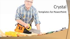  Presentation with carpenter - Cool new PPT theme with middle aged male carpenter working in a workshop isolated on white background backdrop and a white colored foreground